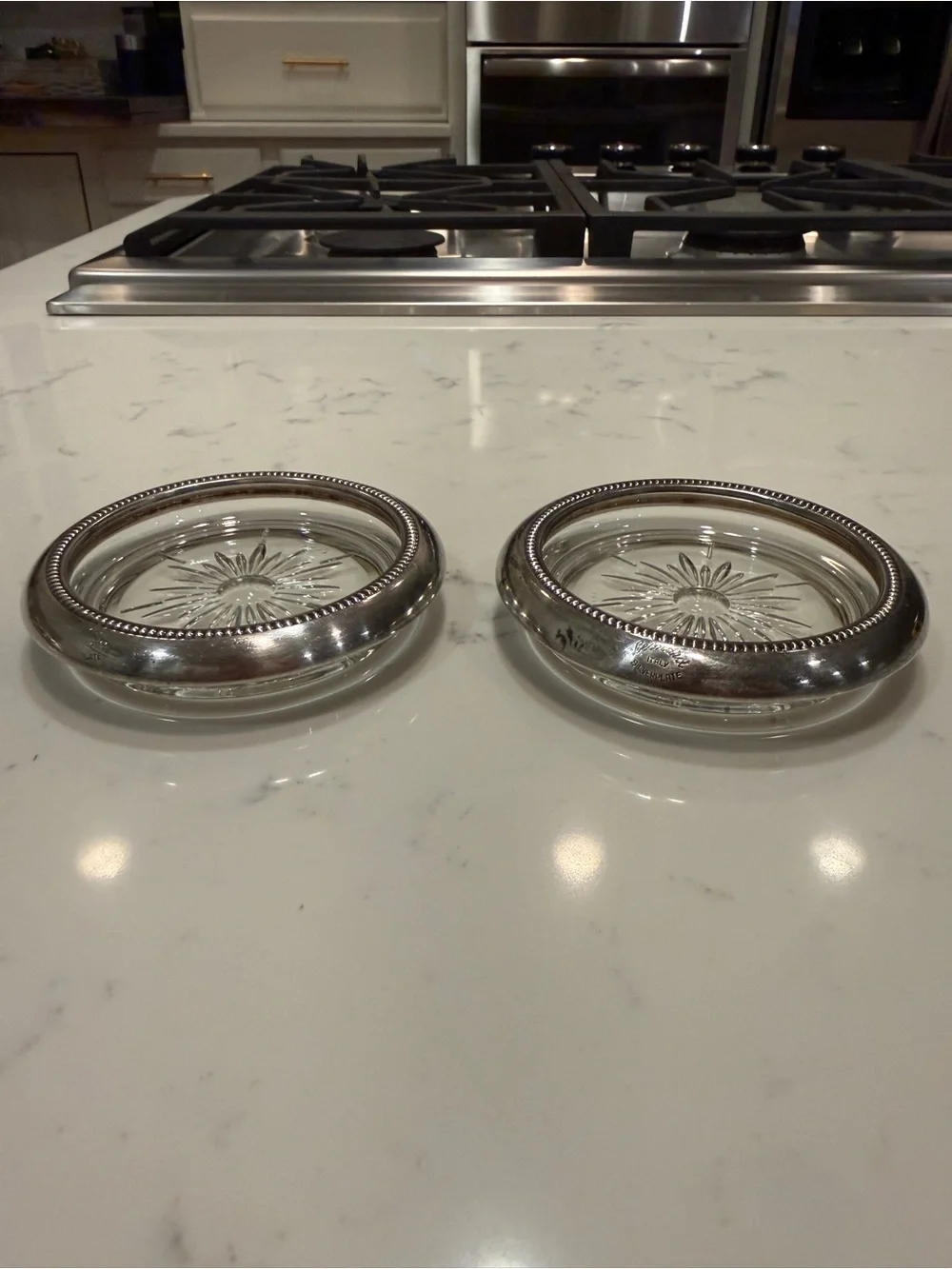 Vintage Leonard Italy Silverplate Glass Coasters Set of 2 Starburst Beaded Rim